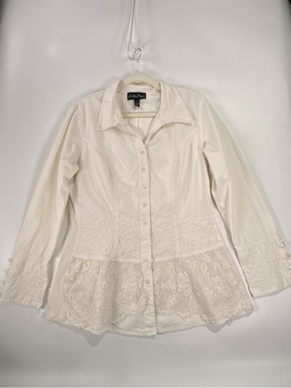 Gretty Zueger Button Down Shirt Embroidered Lace Peplum Cotton White XL - Picture 2 of 12